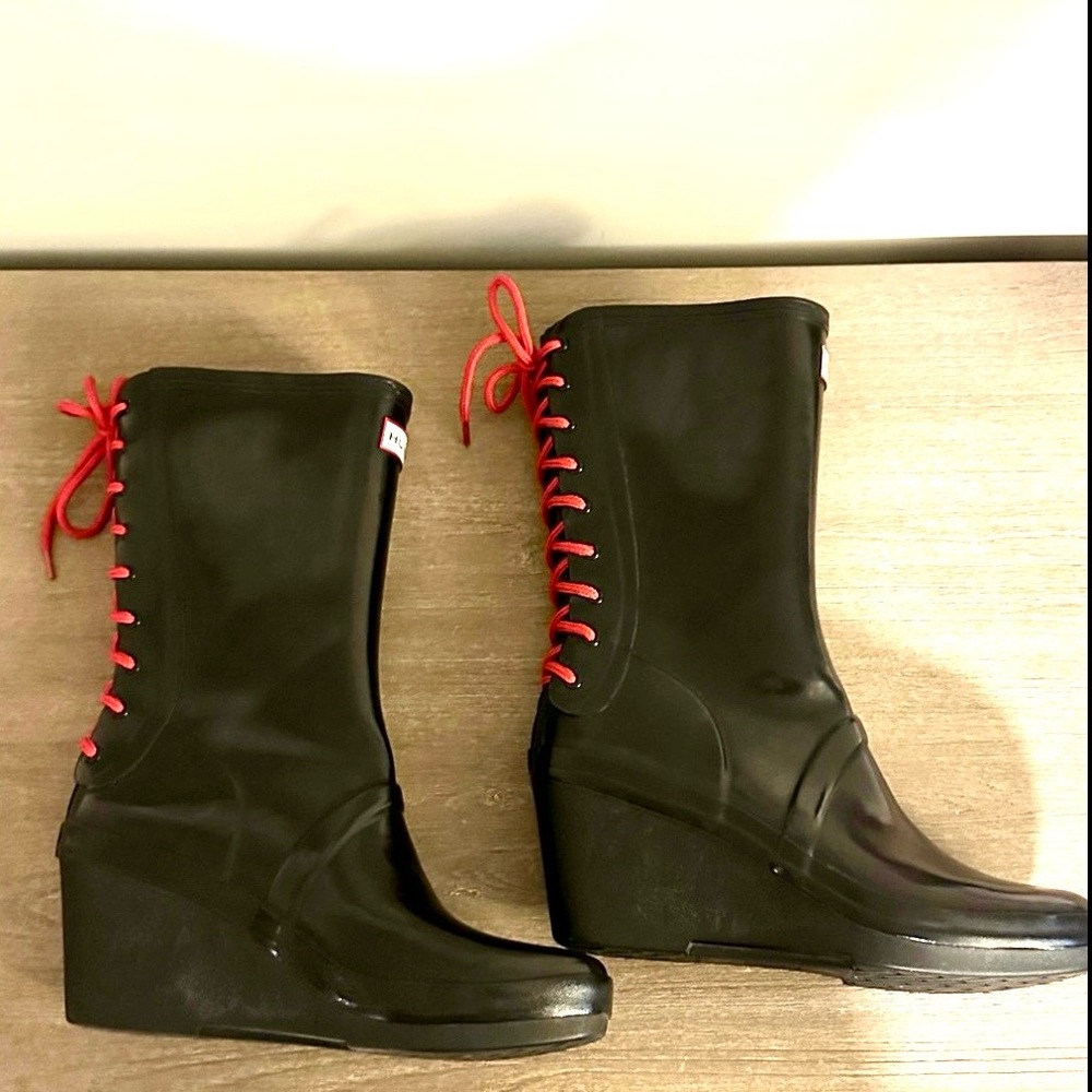 Hunter Black Rain Boots with Red Laces